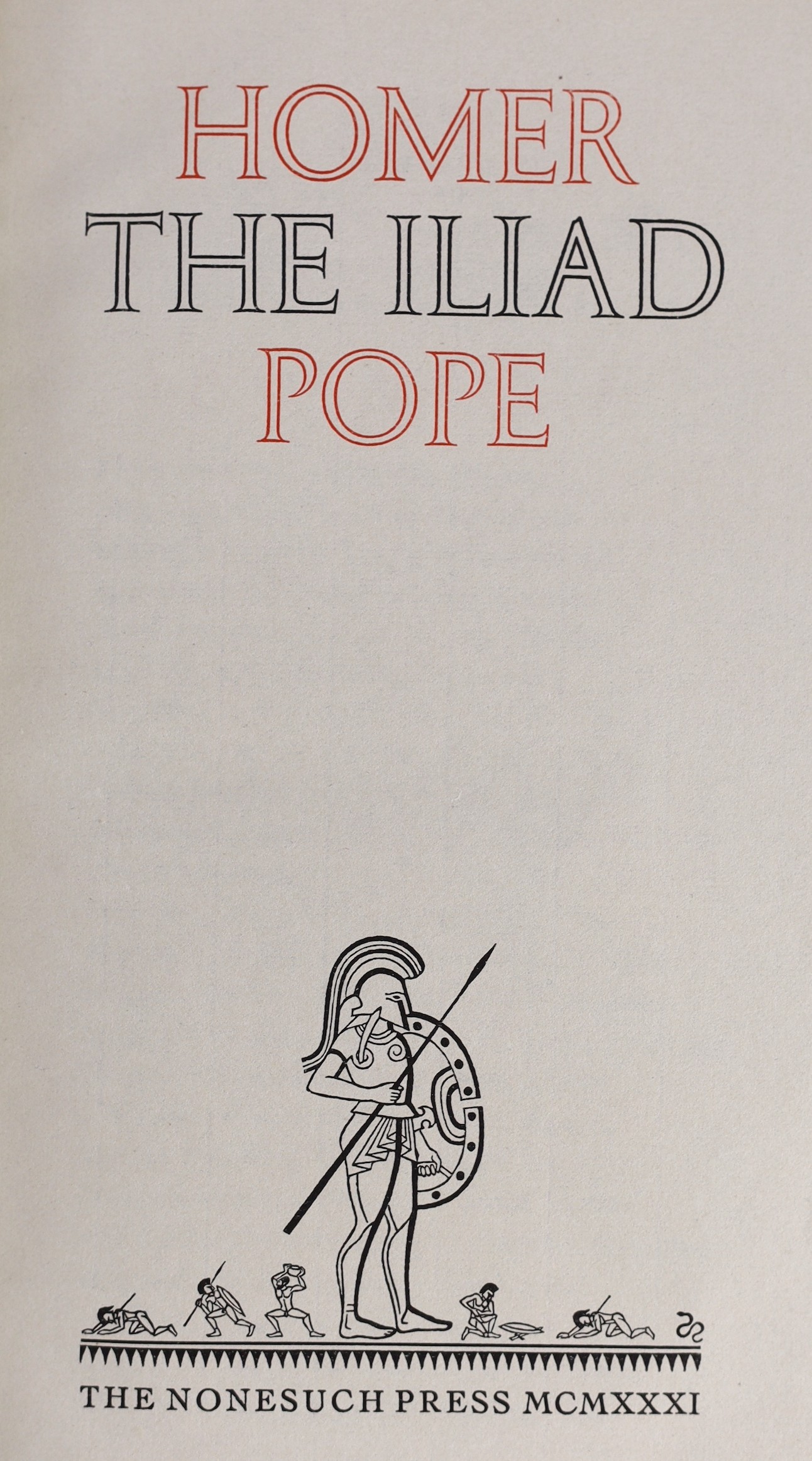 Nonesuch Press - London - Homer - The Iliad [and] The Odyssey, one of 1450 & 1300, 2 vols, translated by Alexander Pope, 8vo, original orange Niger gilt, wood-engraved head pieces by Rudolf Koch, parallel text in Greek &